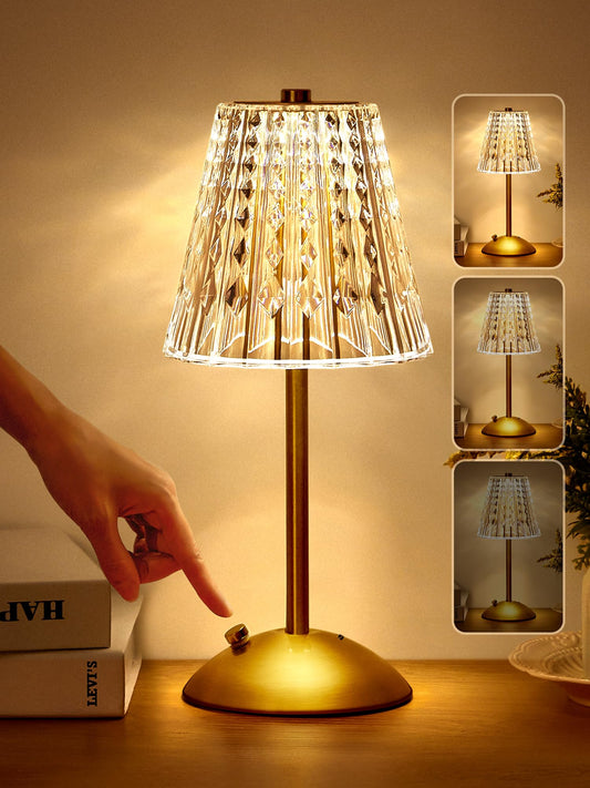 One Fire Cordless Table Lamp, Dimmable Crystal Table Lamp 3 Colors LED Gold Lamp, 【3200mAh】 Battery Lamp Portable Lamp,Small Touch Lamp Crystal Lamp, Vintage Lamp for Bedroom Bathroom Kitchen Bar