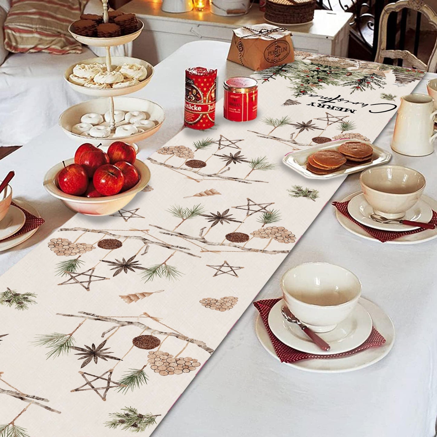 Christmas Table Runner - Rustic Trees & Pine Cones Decor