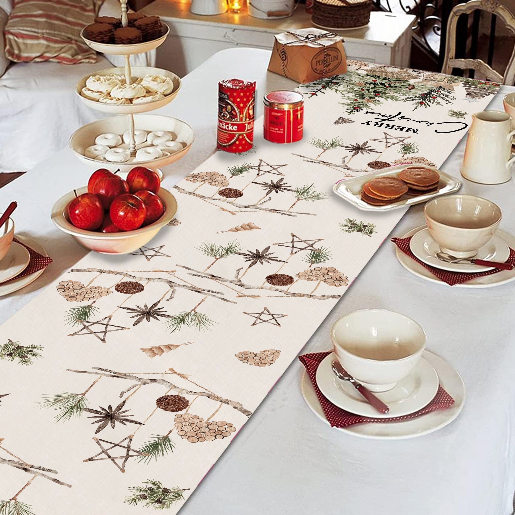 Christmas Table Runner - Rustic Trees & Pine Cones Decor