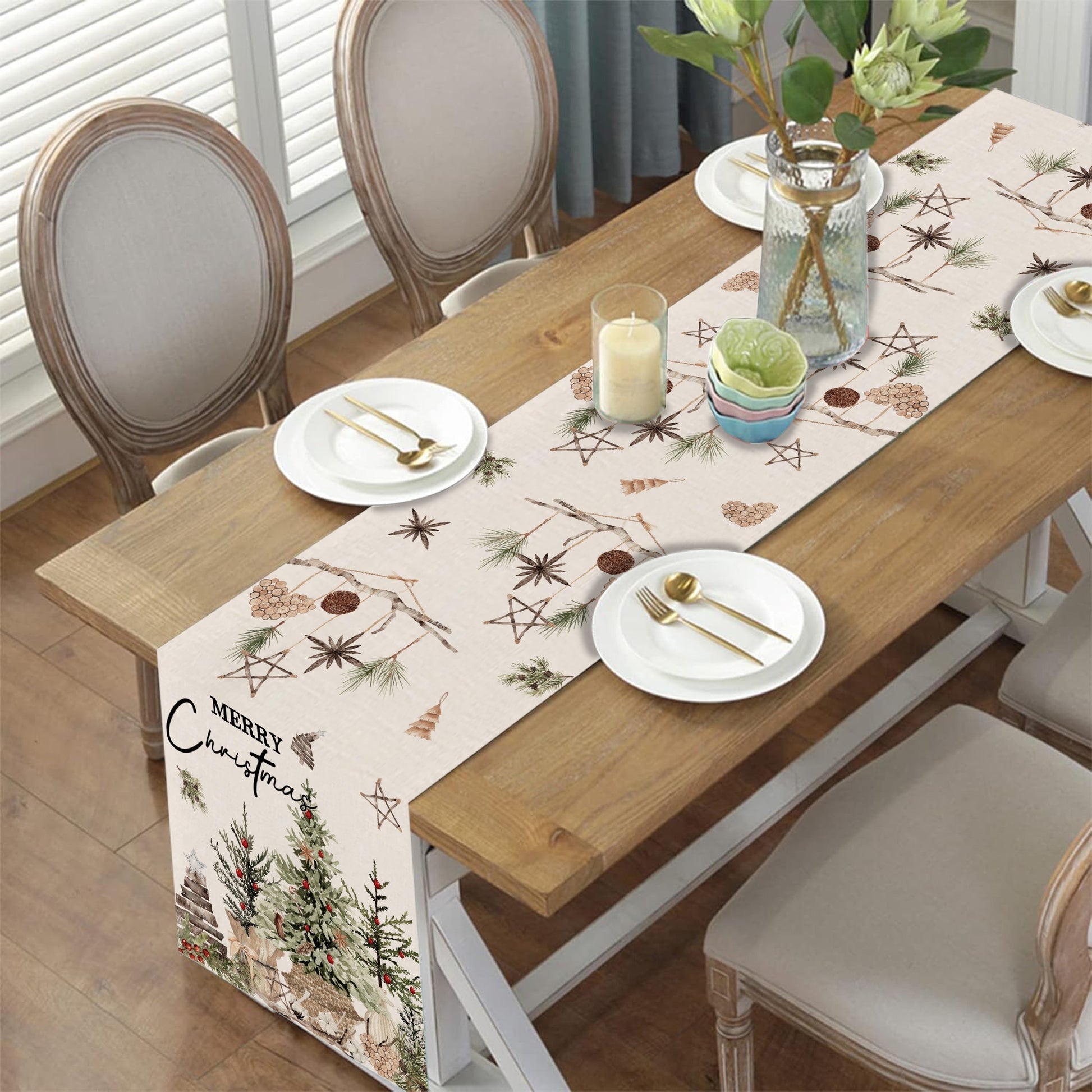 Christmas Table Runner - Rustic Trees & Pine Cones Decor